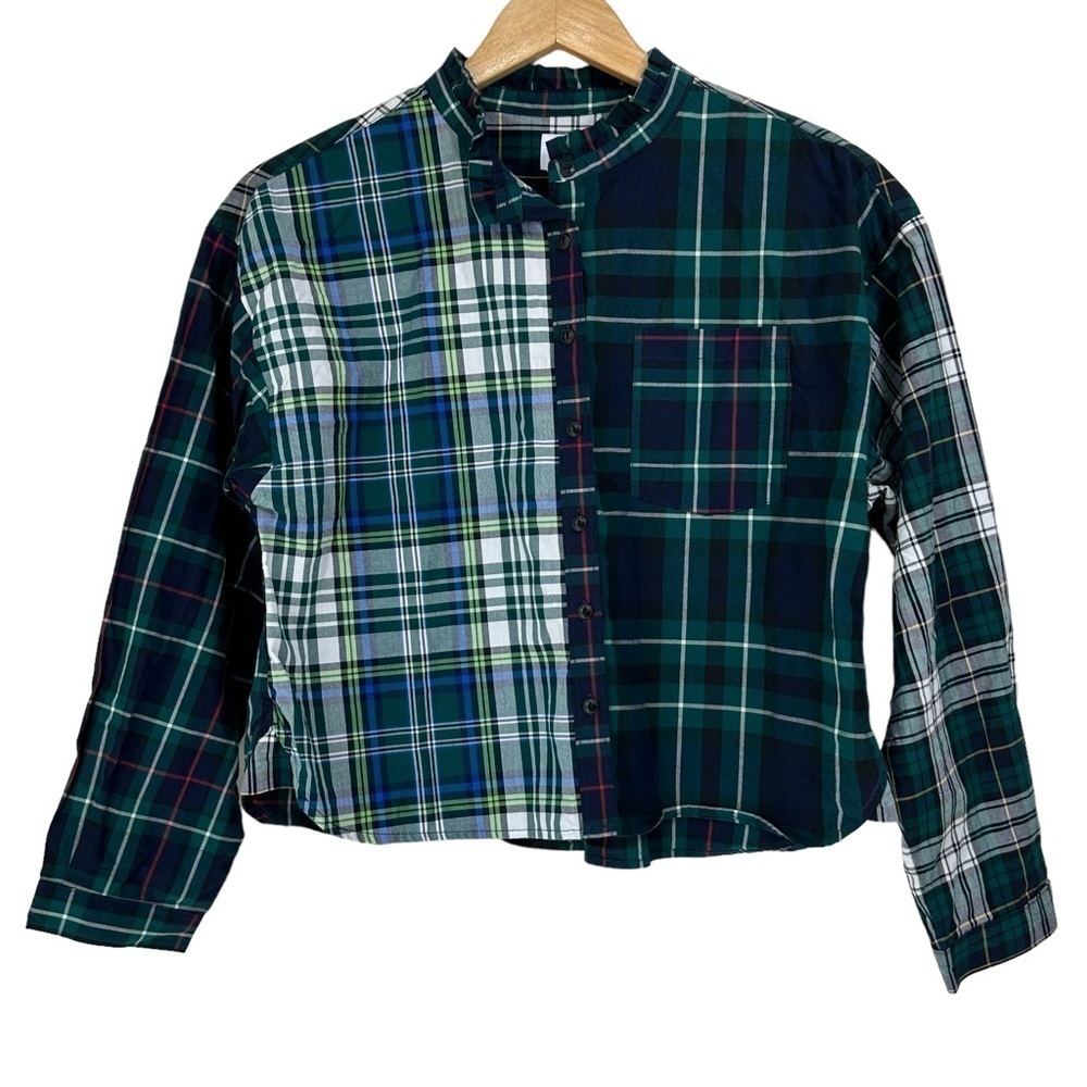 GAP Double Plaid Cropped Holiday Ruffle Neck Button Front Blouse, Size XL, 12